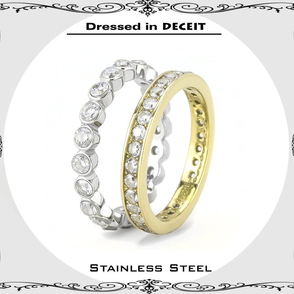 Eternity Stacking  Set Gold Tone Channel Set CZ- 1 Stainless Steel Bezel  Sz 5-1